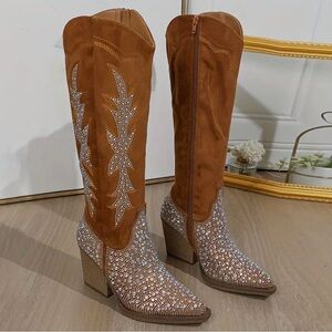 NEW Brown Faux Suede Sequin Glitter Discoball Cowgirl Cowboy Chunk Heel Boots